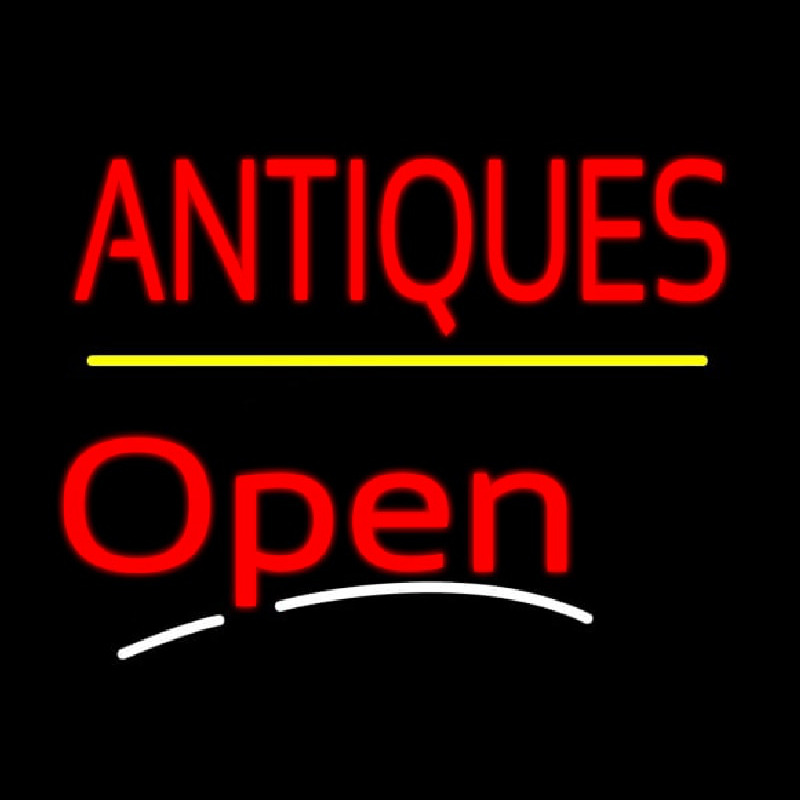 Antiques Open Yellow Line Neonskylt