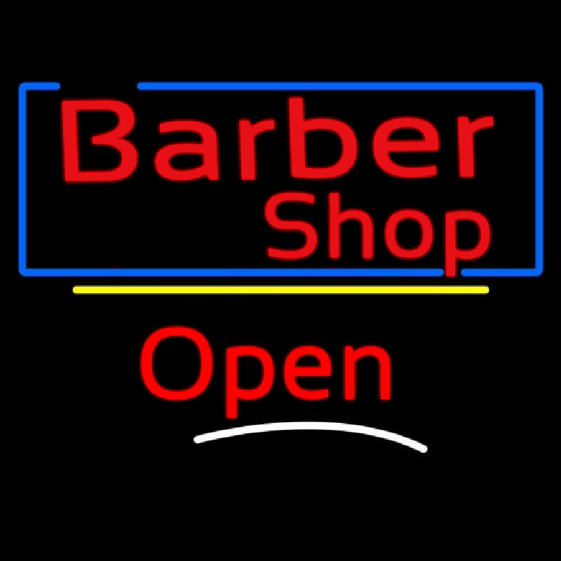 Barber Shop Blue Border Open Neonskylt
