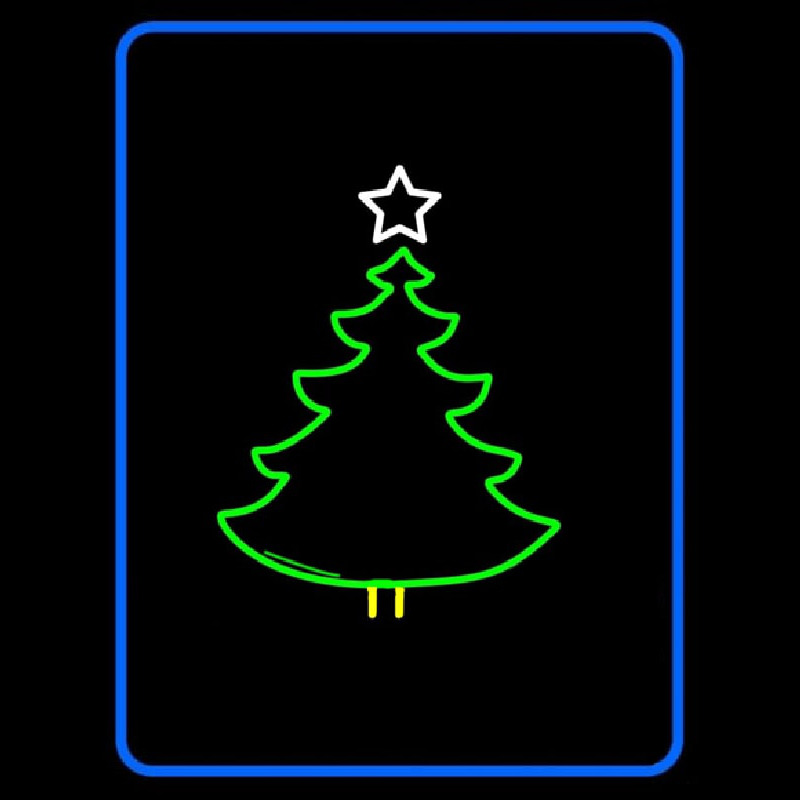 Blue Border Green Christmas Tree Logo Neonskylt