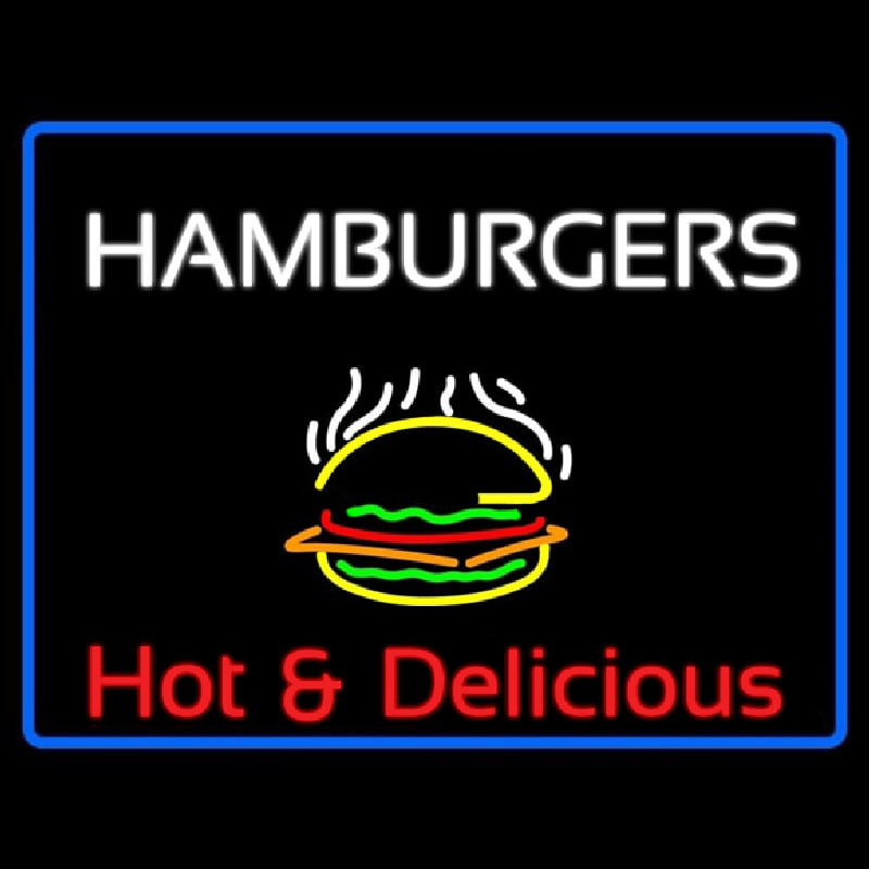 Blue Border Hamburgers Hot And Delicious With Border Neonskylt