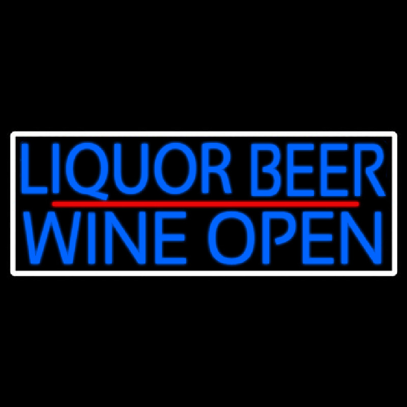 Blue Liquor Beer Wine Open With White Border Neonskylt