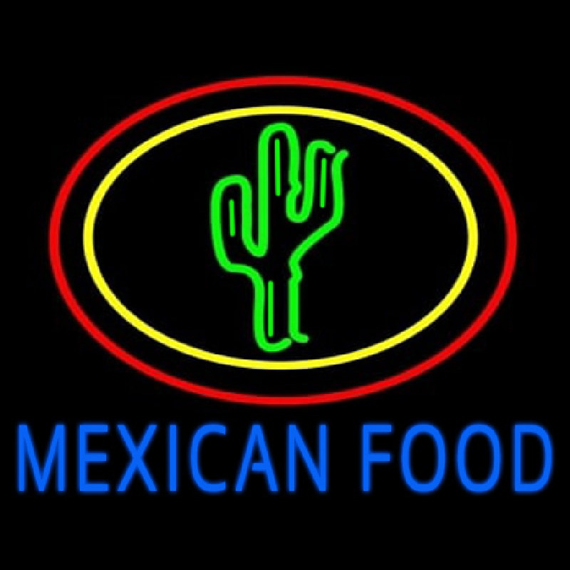 Blue Mexican Food With Cactus Logo Neonskylt
