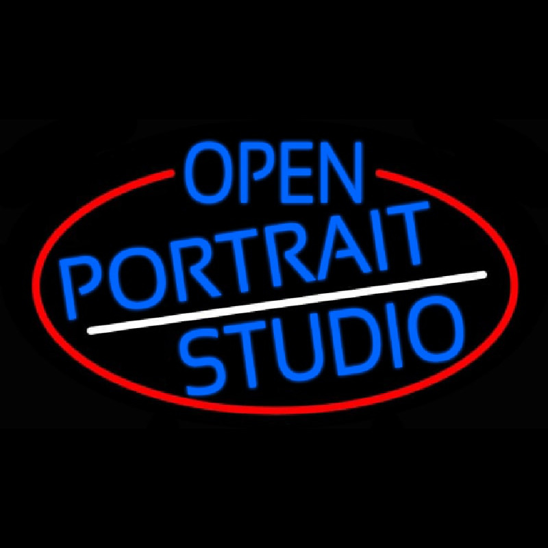 Blue Open Portrait Studio Oval With Red Border Neonskylt