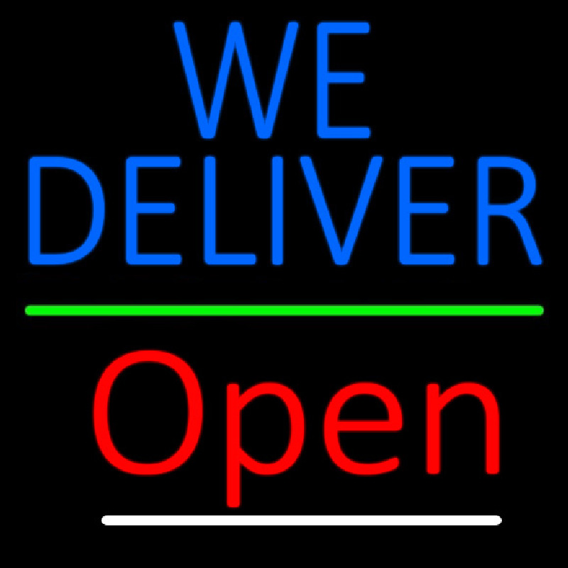 Blue We Deliver Open Green Line Neonskylt