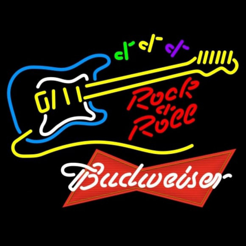 Budweiser Red Rock N Roll Yellow Guitar Beer Sign Neonskylt