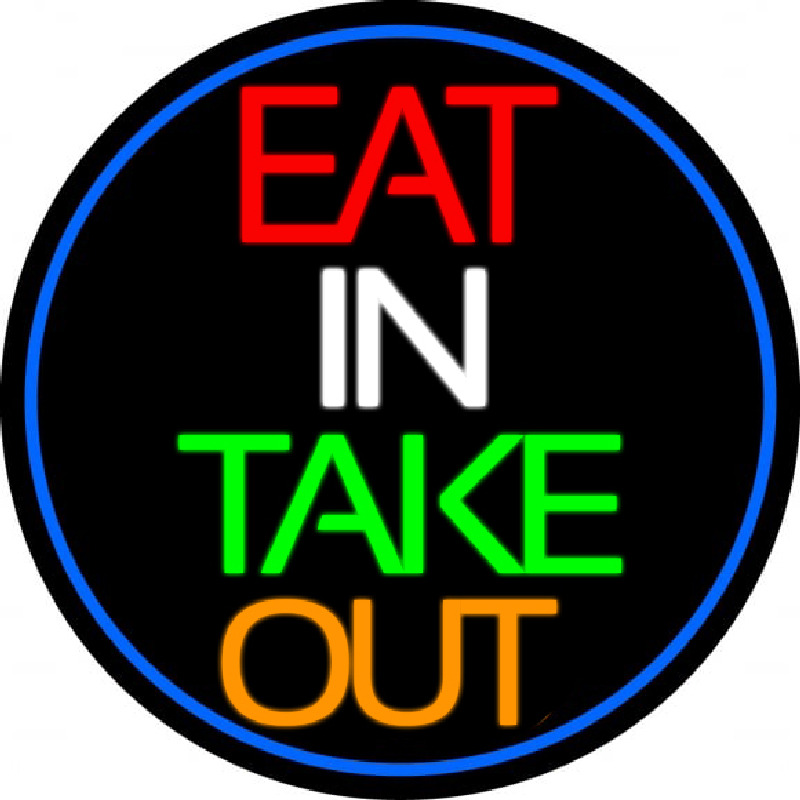 Eat In Take Out Oval With Blue Border Neonskylt