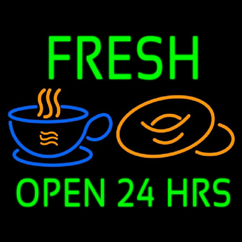 Green Fresh Open 24 Hrs Cups And Donuts Neonskylt