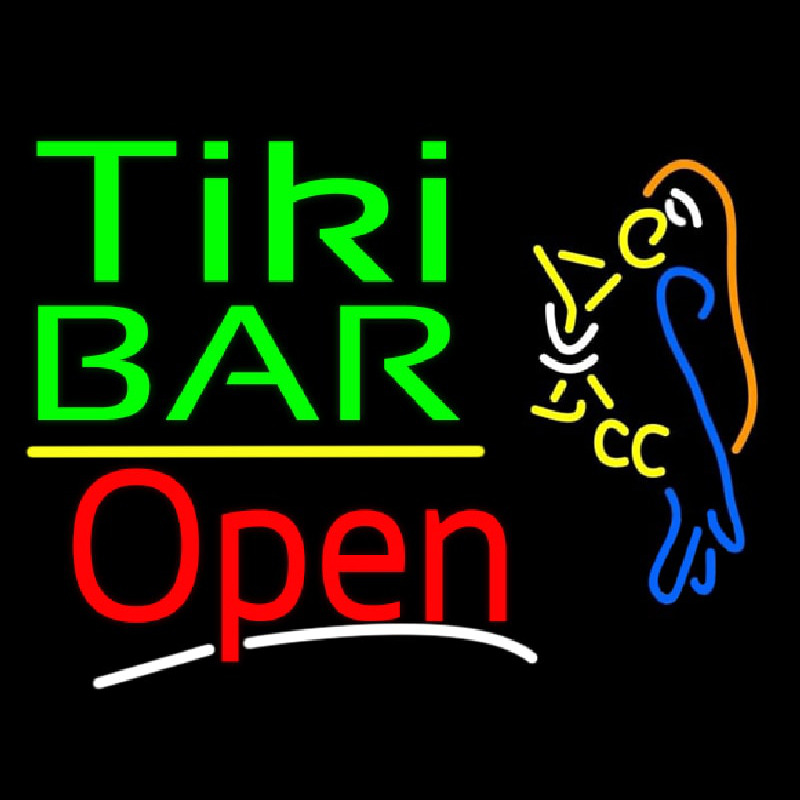 Green Tiki Bar With Parrot Martini Glass Open Neonskylt