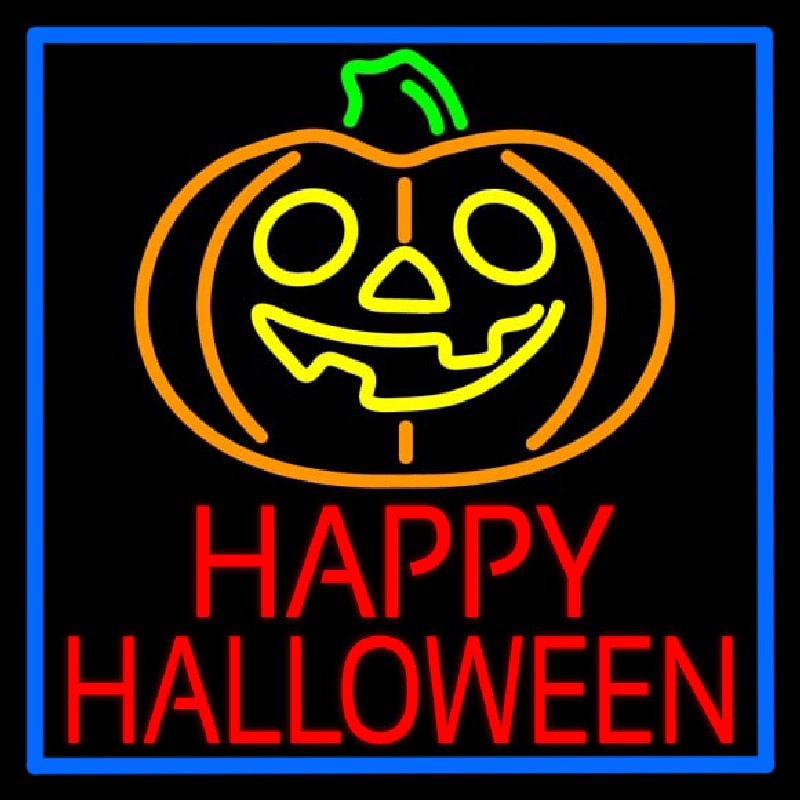 Happy Halloween Pumpkin With Blue Border Neonskylt