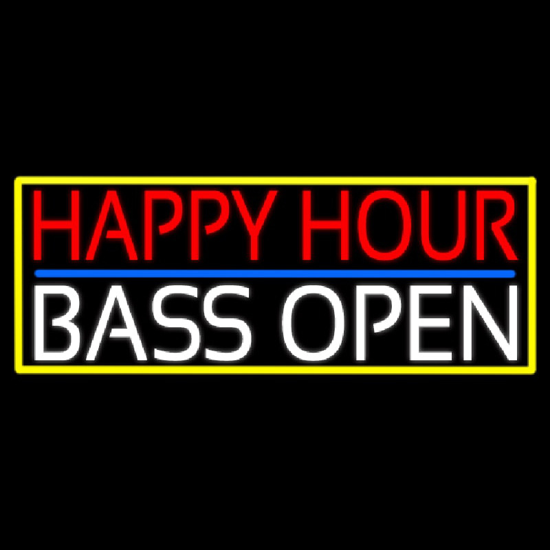 Happy Hour Bass Open With Yellow Border Neonskylt