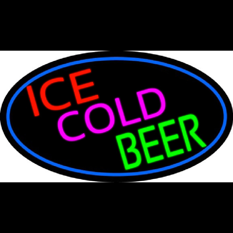 Ice Cold Beer Oval With Blue Border Neonskylt