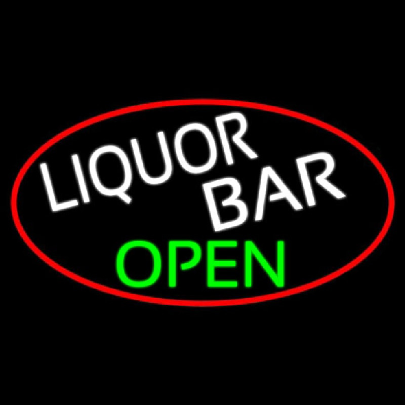 Liquor Bar Open Oval With Red Border Neonskylt