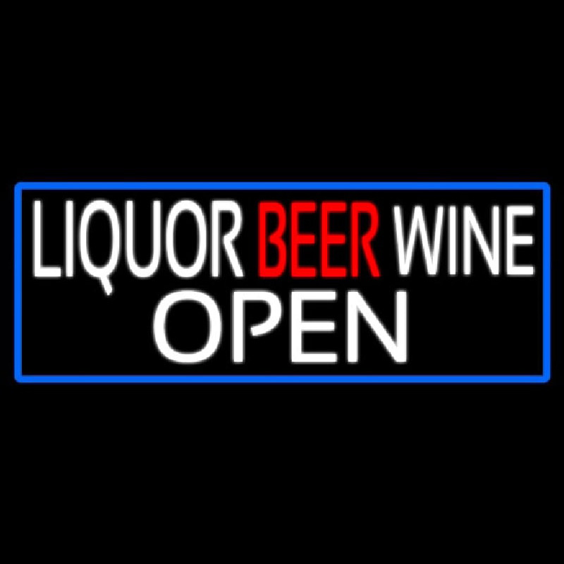 Liquor Beer Wine Open With Blue Border Neonskylt