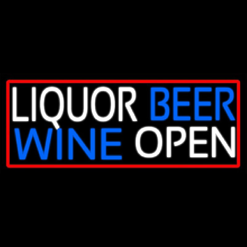 Liquor Beer Wine Open With Red Border Neonskylt