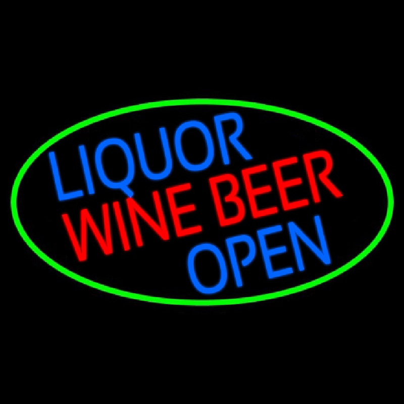 Liquor Wine Beer Open Oval With Green Border Neonskylt