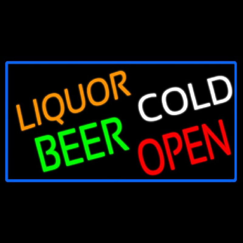 Liquors Beer Cold Open With Blue Border Neonskylt