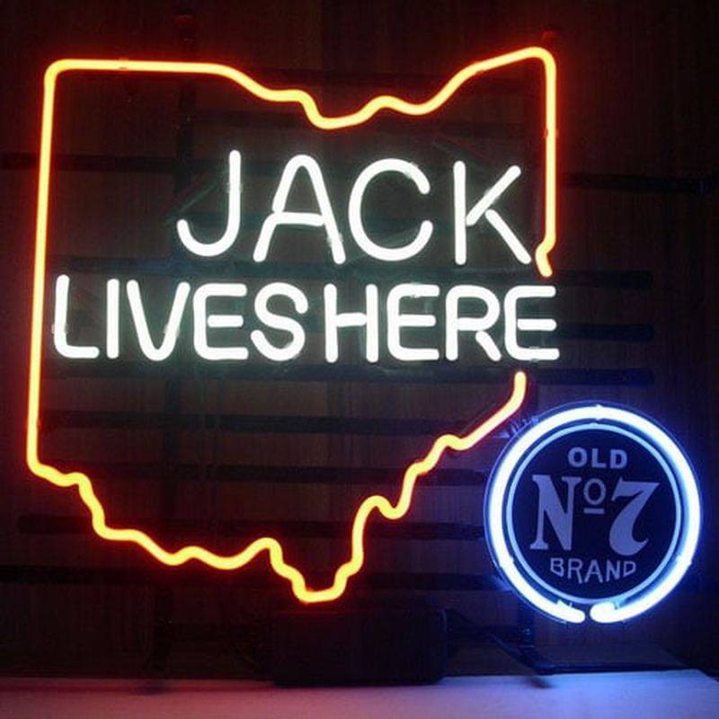 New Jack Daniels Lives Here Ohio Old #7 Whiskey Real Neon Öl Bar Skylt
