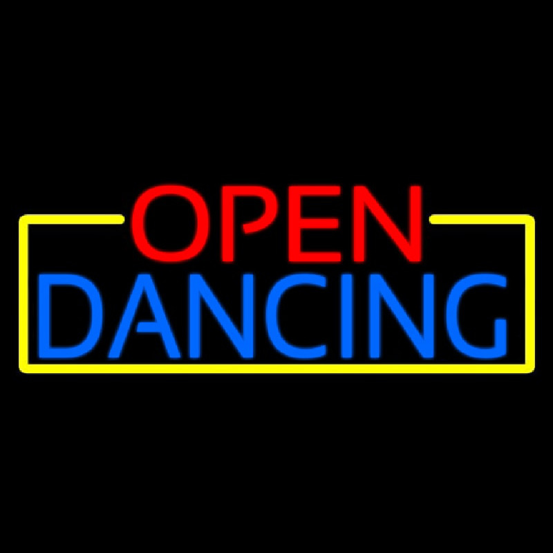 Open Dancing With Yellow Border Neonskylt