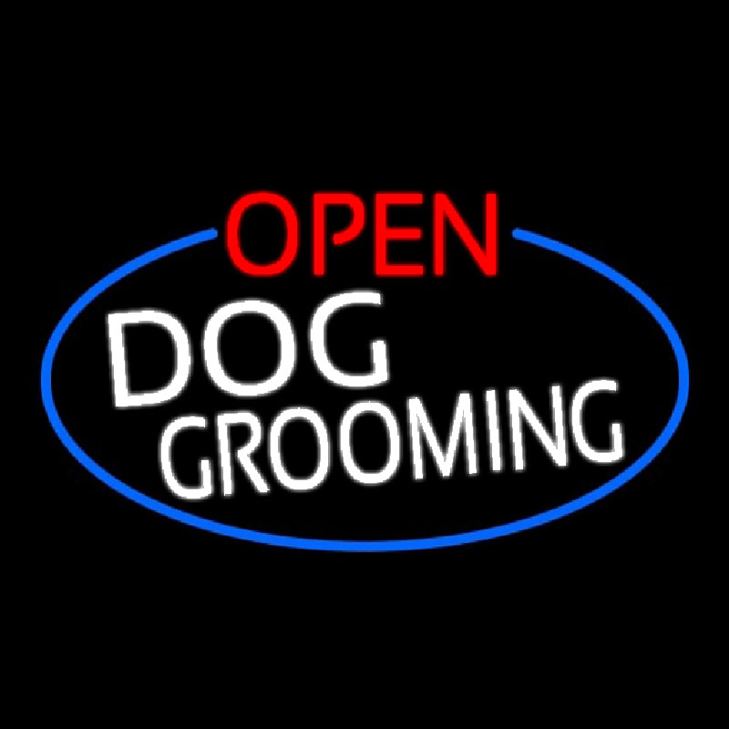 Open Dog Grooming Oval With Blue Border Neonskylt