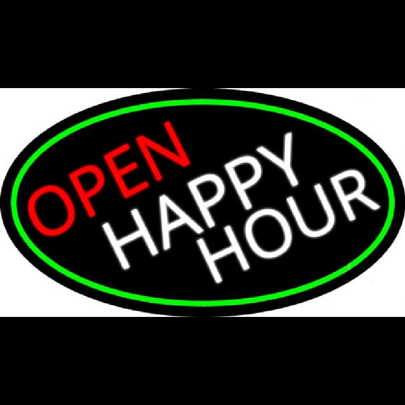 Open Happy Hour Oval With Green Border Neonskylt