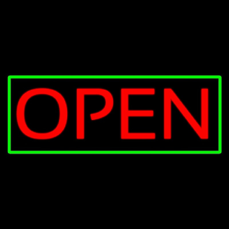 Open Horizontal Red Letters With Green Border Neonskylt