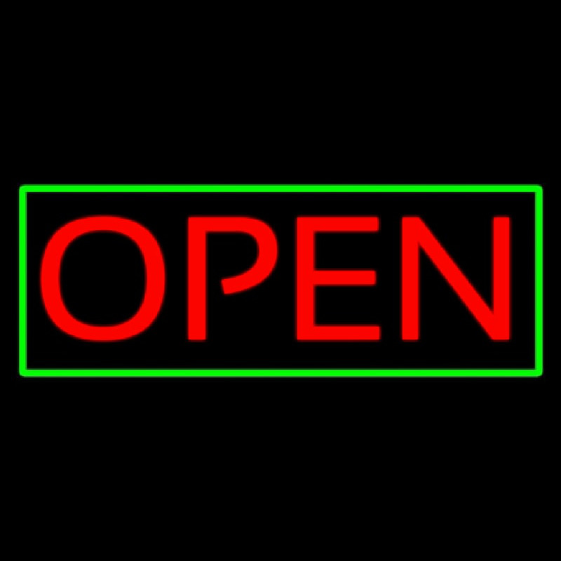 Open Horizontal Red Letters With Green Border Neonskylt
