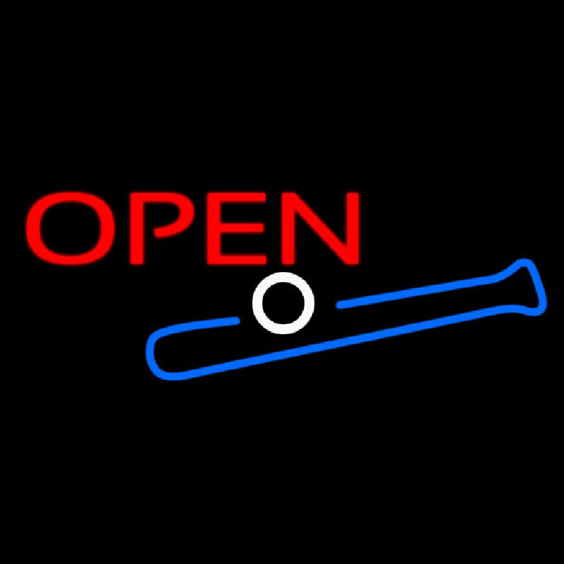 Open In Bright Red With Blue Bat And White Ball Neonskylt