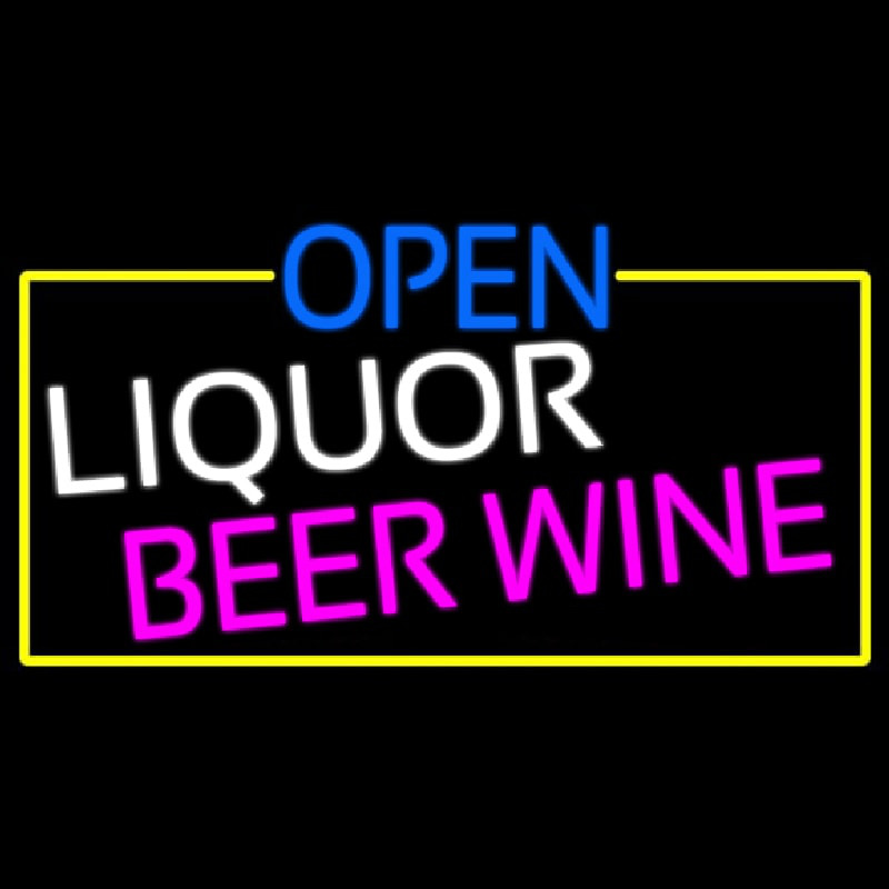 Open Liquor Beer Wine With Yellow Border Neonskylt