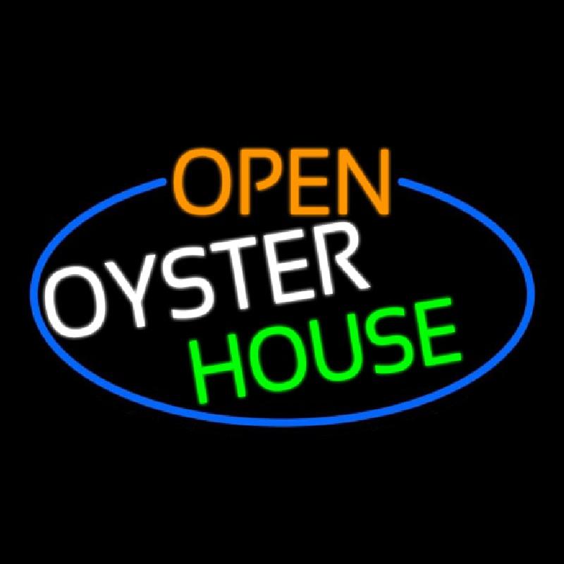 Open Oyster House Oval With Blue Border Neonskylt