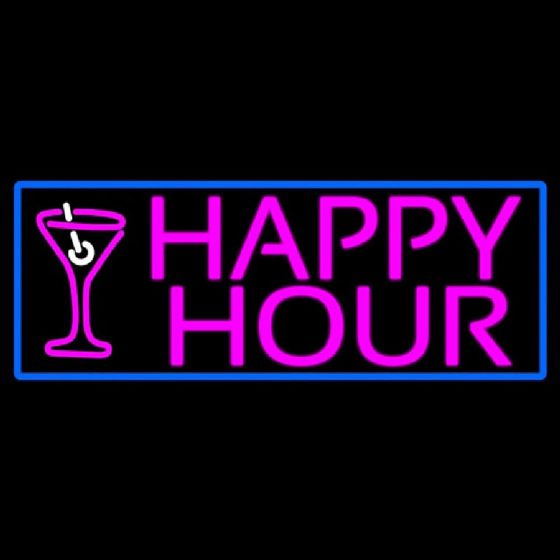 Pink Happy Hour And Wine Glass With Blue Border Neonskylt
