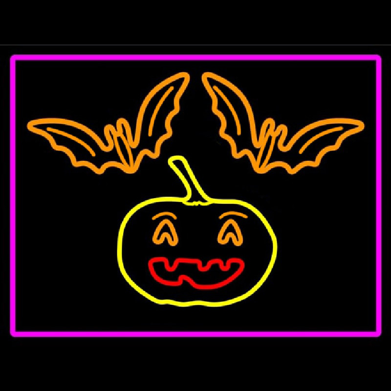 Pumpkin And Bats With Pink Border Neonskylt