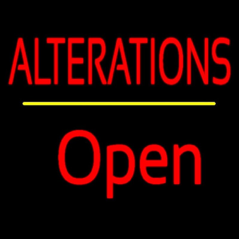 Red Alterations Yellow Line Open Neonskylt