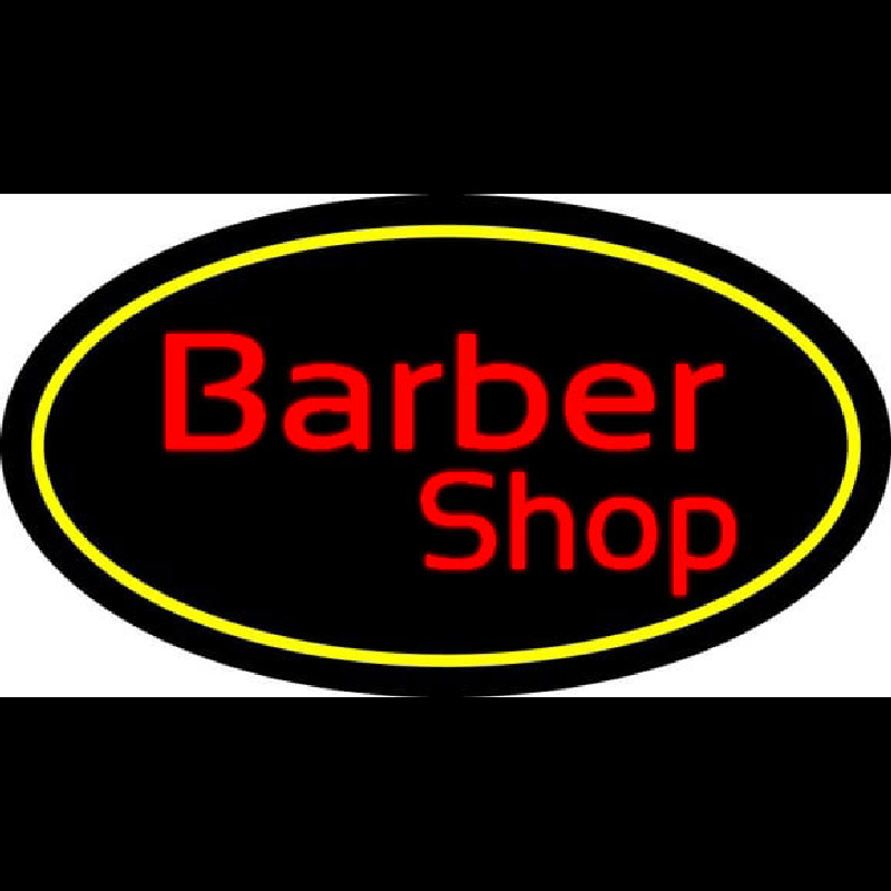 Red Barber Shop Oval Yellow Border Neonskylt