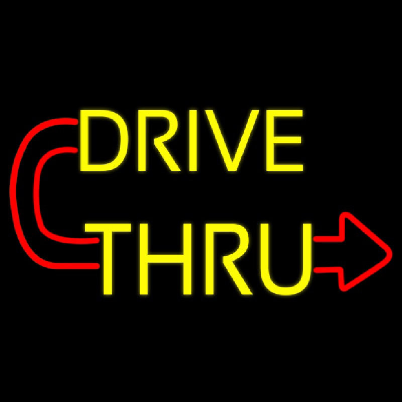 Red Drive Thru With Curved Arrow Neonskylt