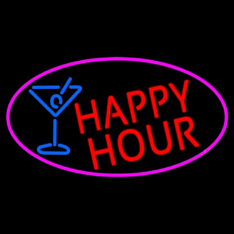 Red Happy Hour And Wine Glass Oval With Pink Border Neonskylt
