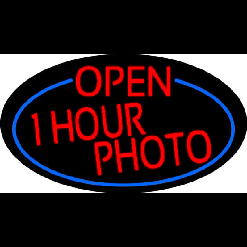 Red Open One Hour Photo Oval With Blue Border Neonskylt