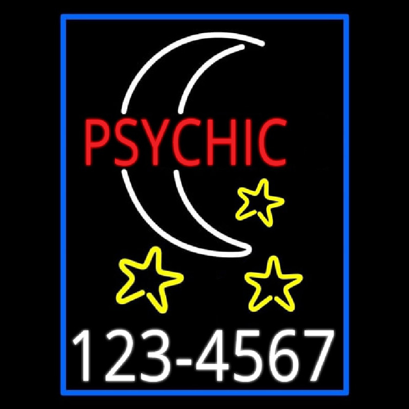 Red Psychic White Logo Phone Number Blue Border Neonskylt
