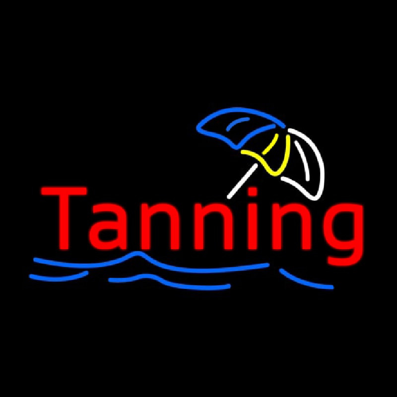 Red Tanning Blue Waves With Umbrella Logo Neonskylt