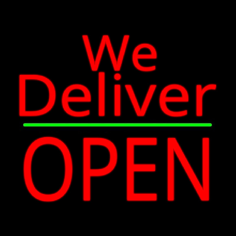 Red We Deliver Open Green Line Neonskylt