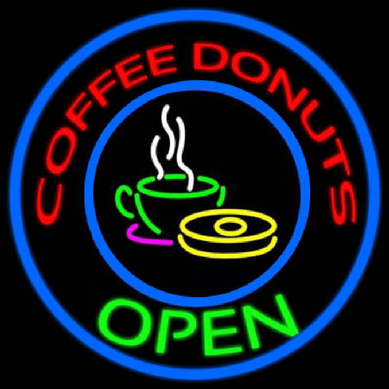 Round Red Coffee Donuts Open Neonskylt