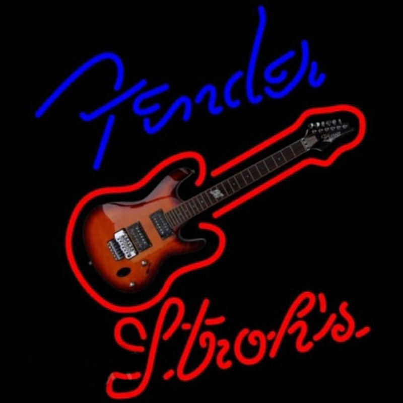Strohs Fender Blue Red Guitar Beer Sign Neonskylt