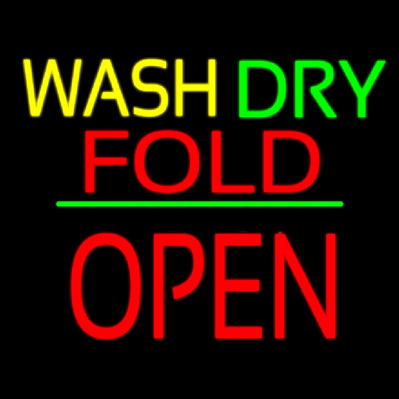 Wash Dry Fold Block Open Green Line Neonskylt