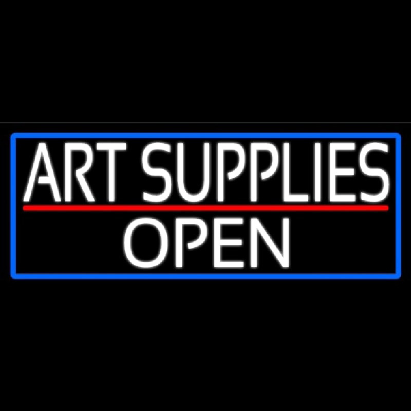 White Art Supplies Open With Blue Border Neonskylt