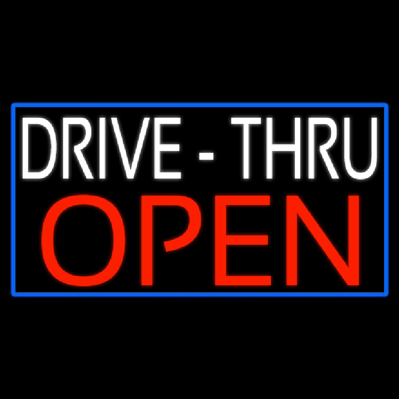 White Drive Thru Red Open With Blue Border Neonskylt