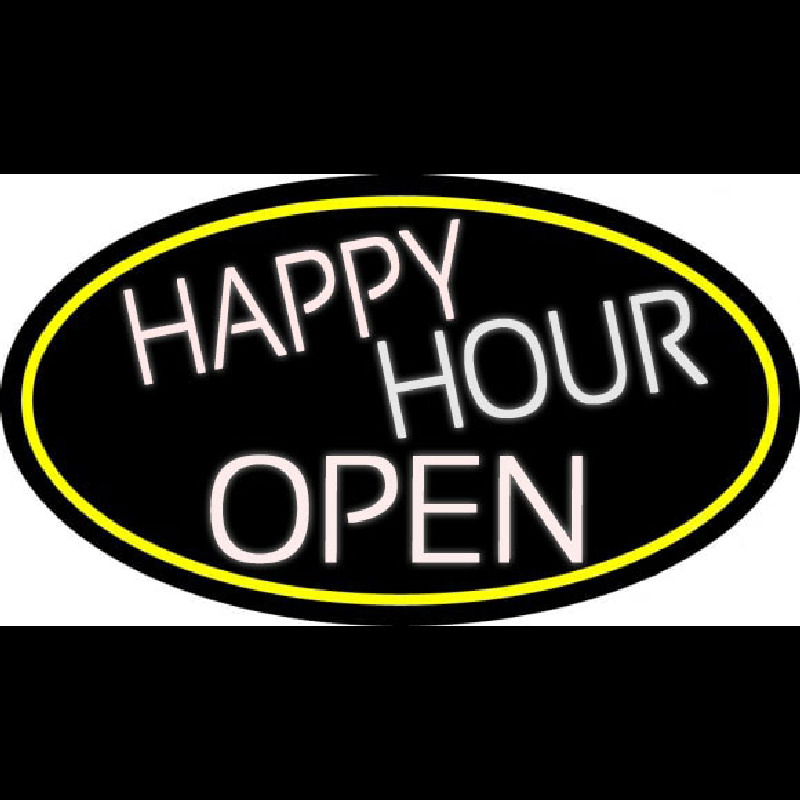 White Happy Hour Open Oval With Yellow Border Neonskylt