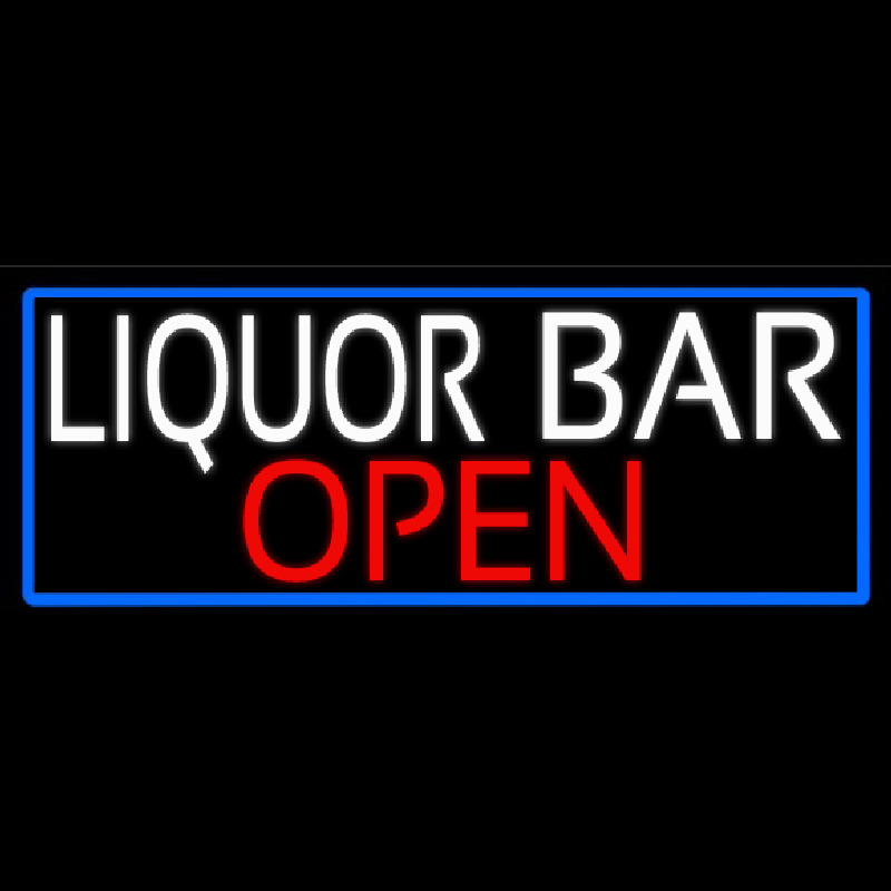 White Liquor Bar Open With Blue Border Neonskylt
