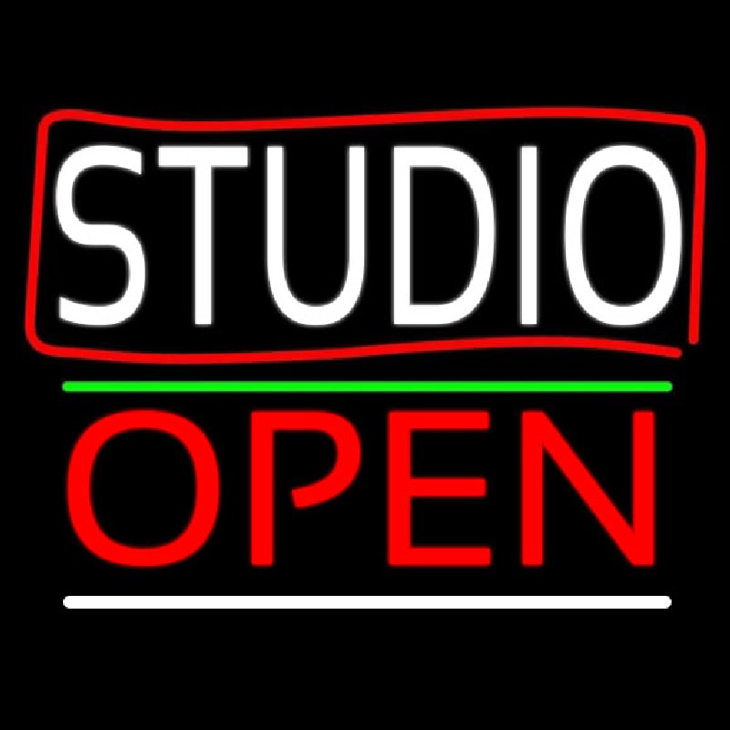 White Studio With Border Open 3 Neonskylt