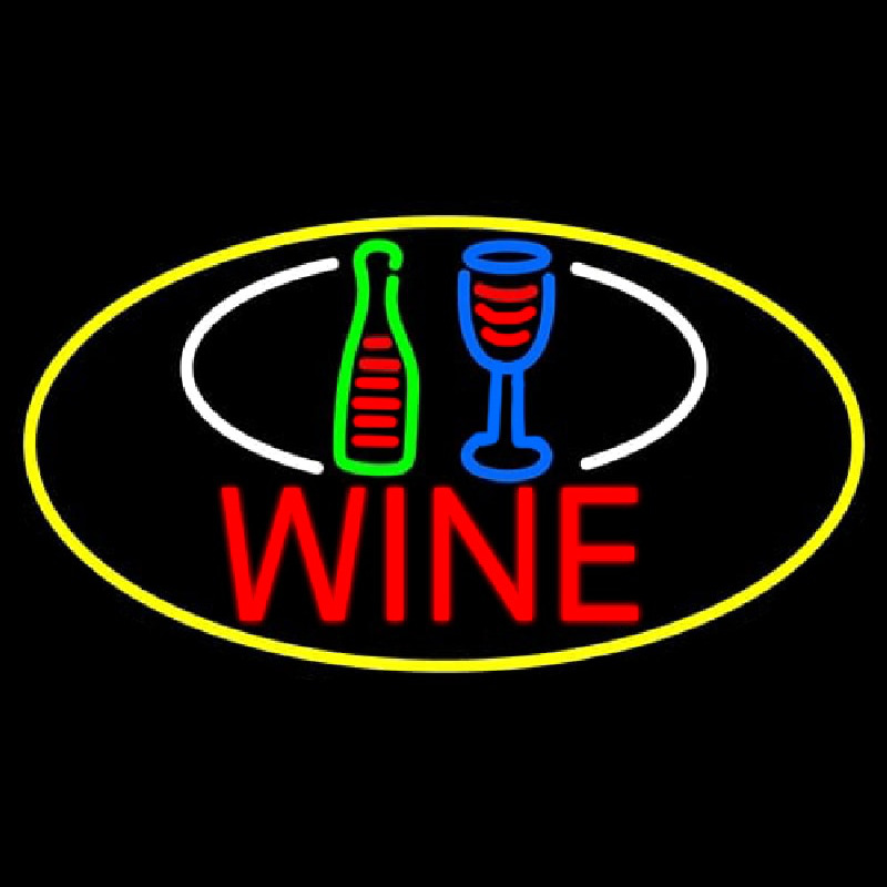 Wine Bottle Glass Oval With Yellow Border Neonskylt