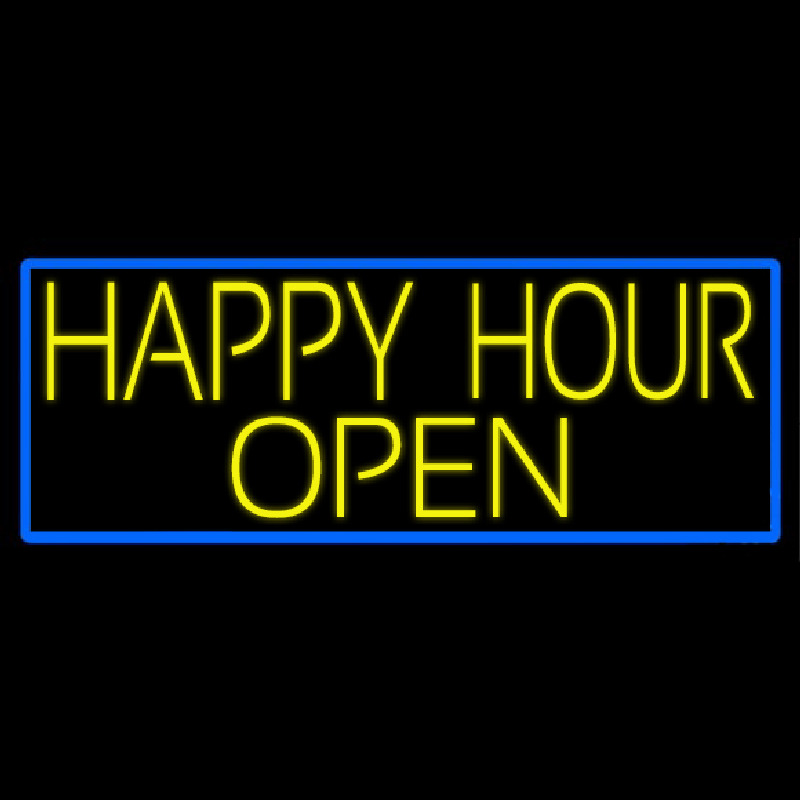 Yellow Happy Hour Open With Blue Border Neonskylt