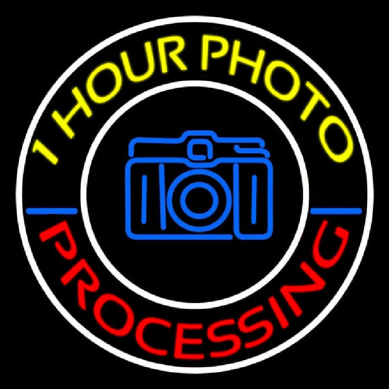 Yellow One Hour Photo Processing Neonskylt